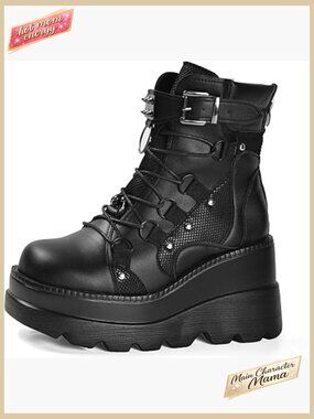 Platform Ankle Boots Chunky Heel Lace Up Side Zip Goth Combat Booties Wedge